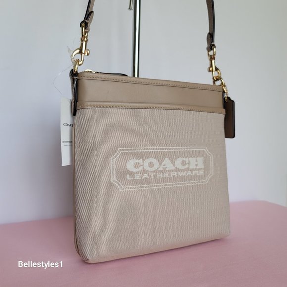 COACH Kitt Badge Jacquard & Smooth Leather Crossbody- Chalk Taupe ⭐ - Picture 3 of 15